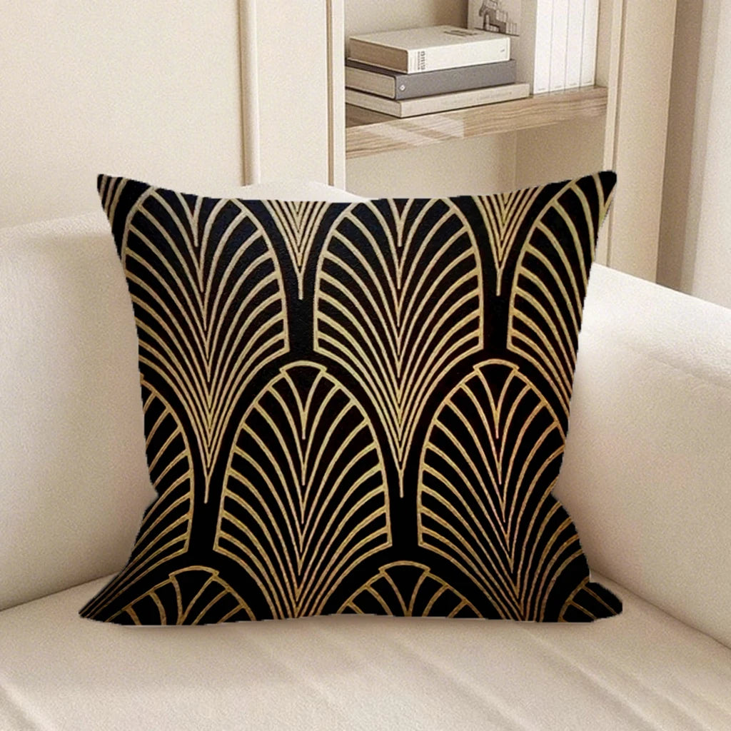 Art Deco Gold-Pattern Polyester Peachskin Pillow Cover – Designs 3–4, 4 Sizes