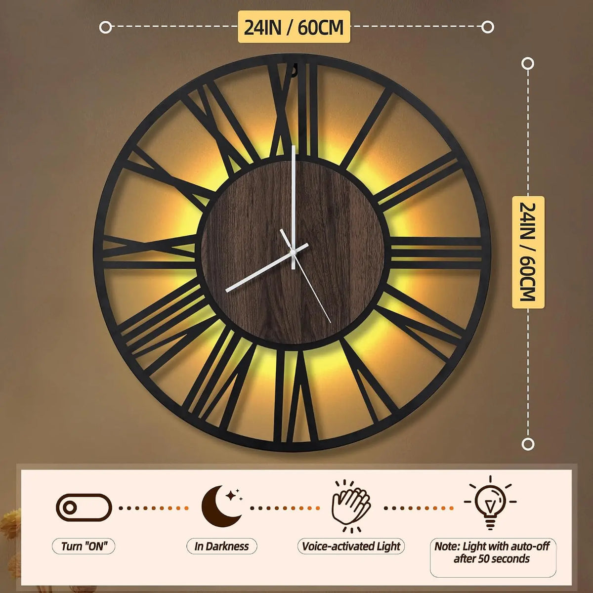 24-Inch LED Roman Numeral Wall Clock – Silent Battery-Operated Wood & Iron Decor