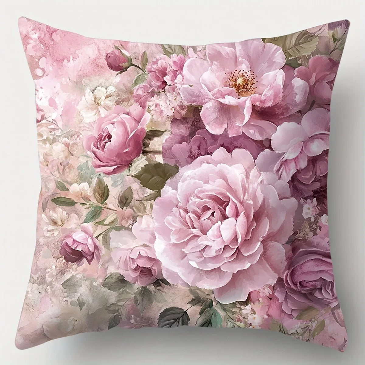Pink Peony Floral Throw Pillow Cover – Polyester, 15.75–23.62 in Square, Cover Only