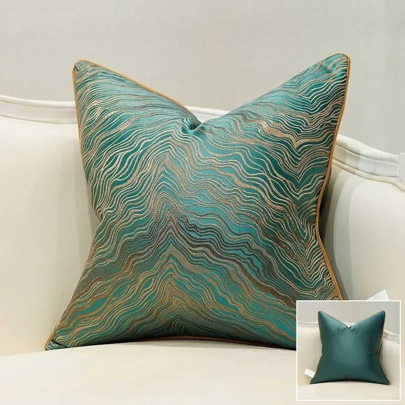 Geometric-Line Jacquard Throw Pillow Cover – 17.72 in Square, 7 Colors (Blue, Green, Beige, Yellow & More)