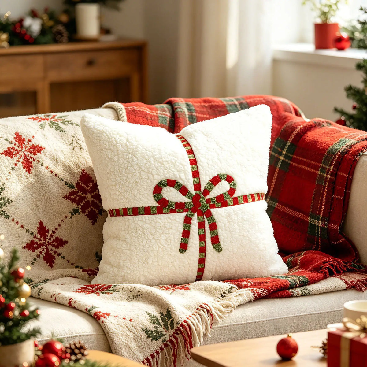 White Plush Gift-Bow Christmas Pillow Cover – Embroidered Polyester, 17.72 in, 1 Piece