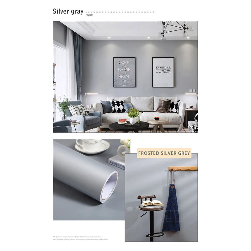 5m Pure Gray Waterproof Extra-Thick PVC Peel-and-Stick Wallpaper – Mould-Resistant for Bedrooms, Cabinets & Furniture
