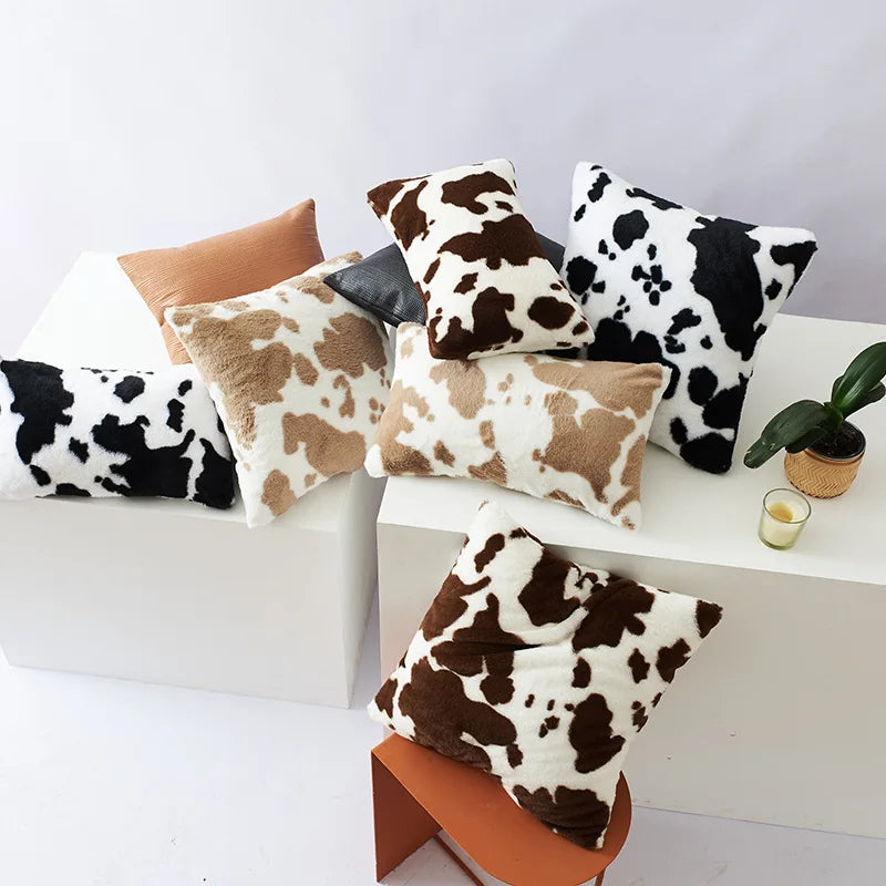 Plush Cow-Print Throw Pillow Cover, Double-Sided Polyester, Square or Lumbar, Cover Only