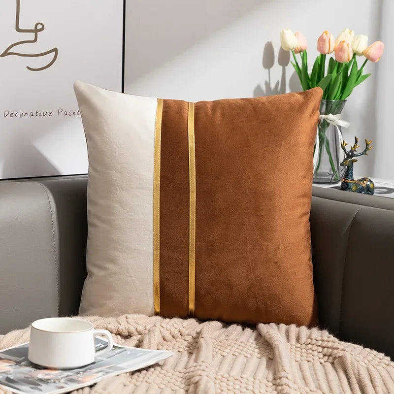 Neutral Color-Block Velvet Throw Pillow Cover with Gold-Tone Stripes, Square or Lumbar