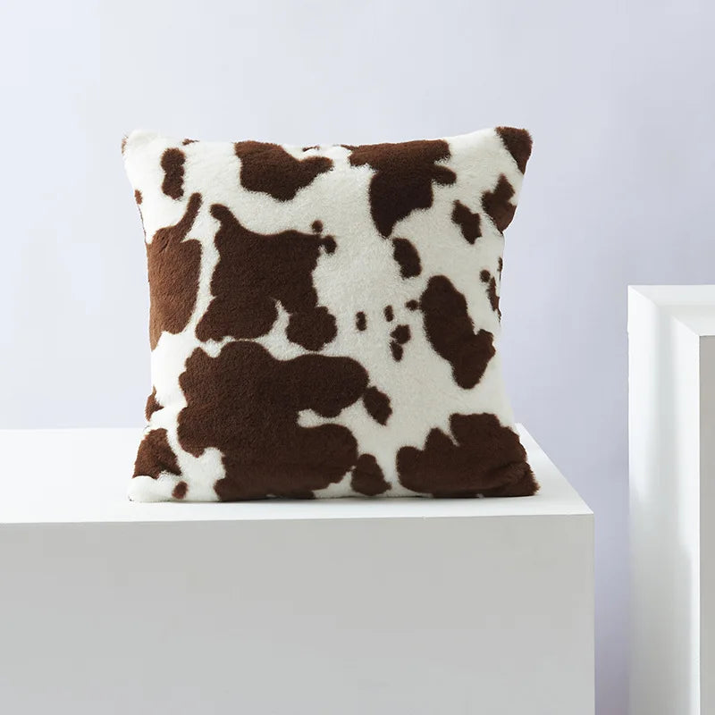 Plush Cow-Print Throw Pillow Cover, Double-Sided Polyester, Square or Lumbar, Cover Only