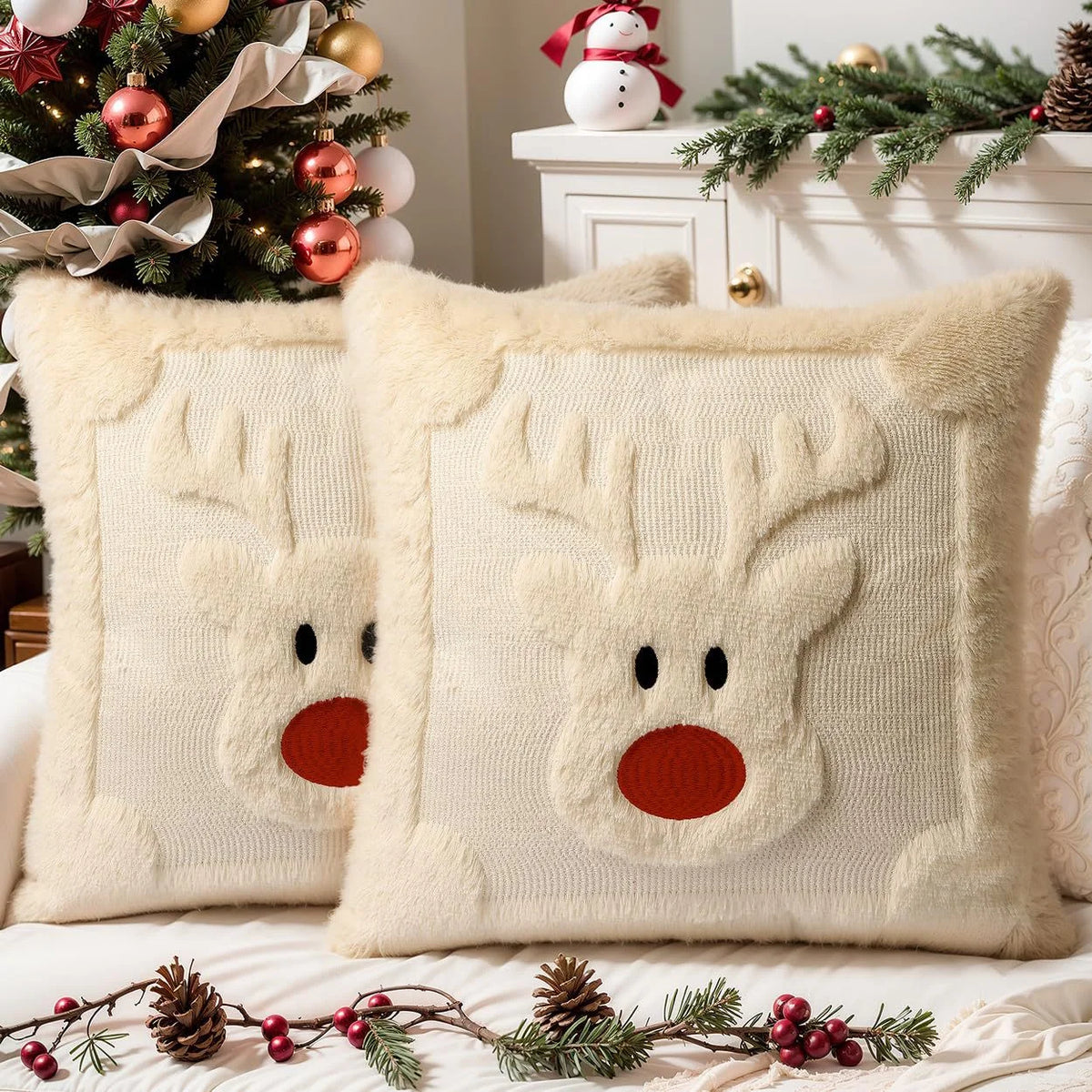 Cream Reindeer Christmas Pillow Covers – Plush Embroidered Set of 2, 17.72 in