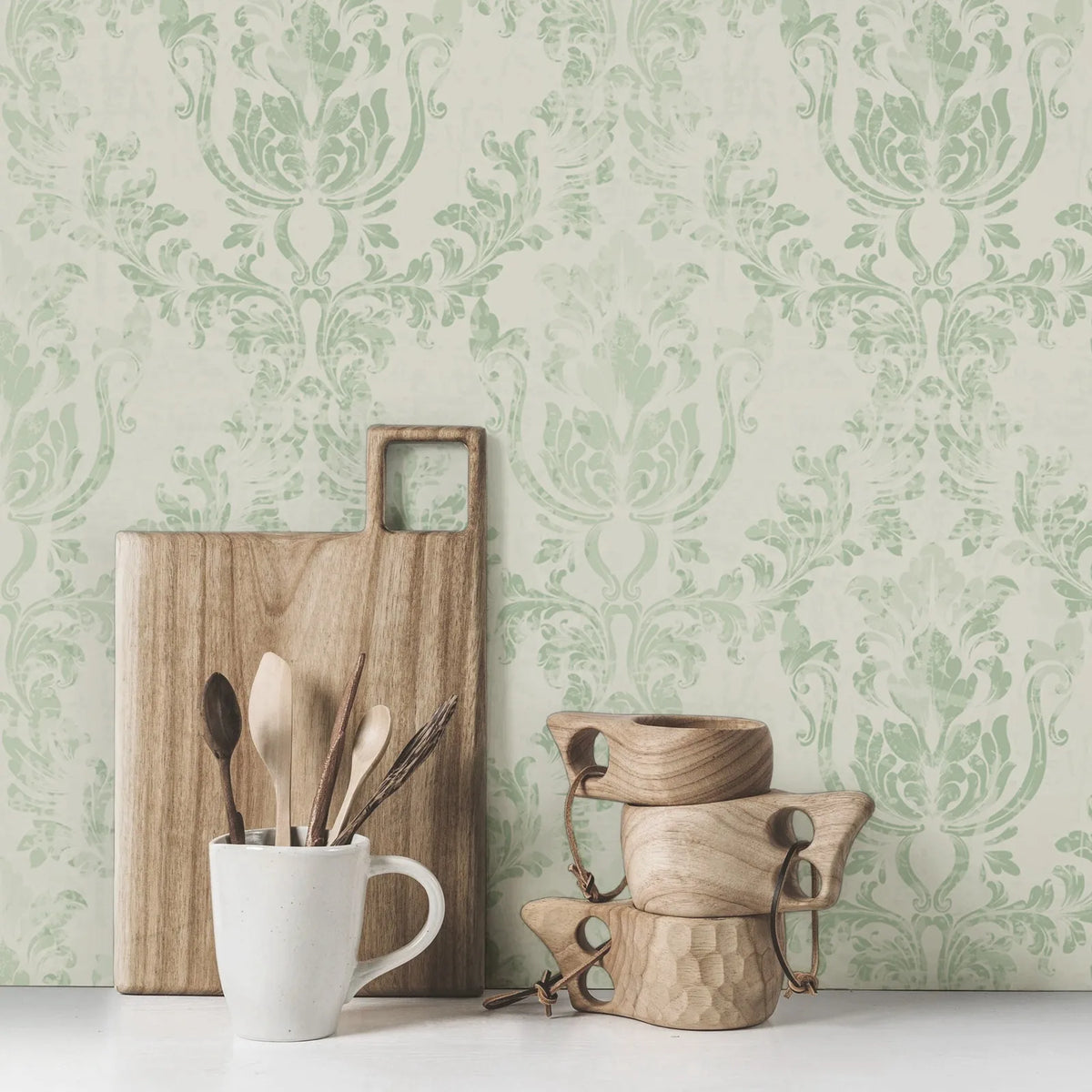 Vintage Green Damask Waterproof Traditional or Peel-and-Stick Wallpaper Roll – 50 × 300 cm