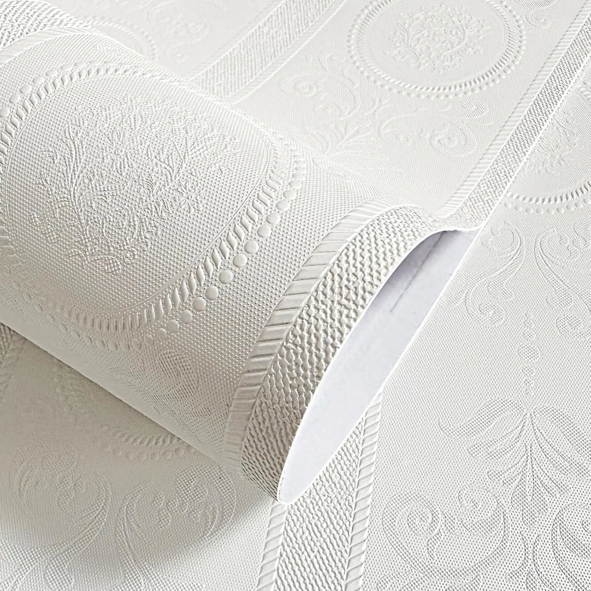 3D White Embossed Damask Waterproof & Oil-Resistant Vinyl Peel-and-Stick Wallpaper – Extra Thick & Removable