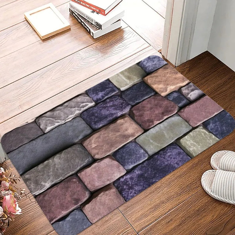 Stone & Floor Tile Print Waterproof Non-Slip Door Mat – Absorbent Quick-Dry Flannel Rug for Indoor & Outdoor Home Use