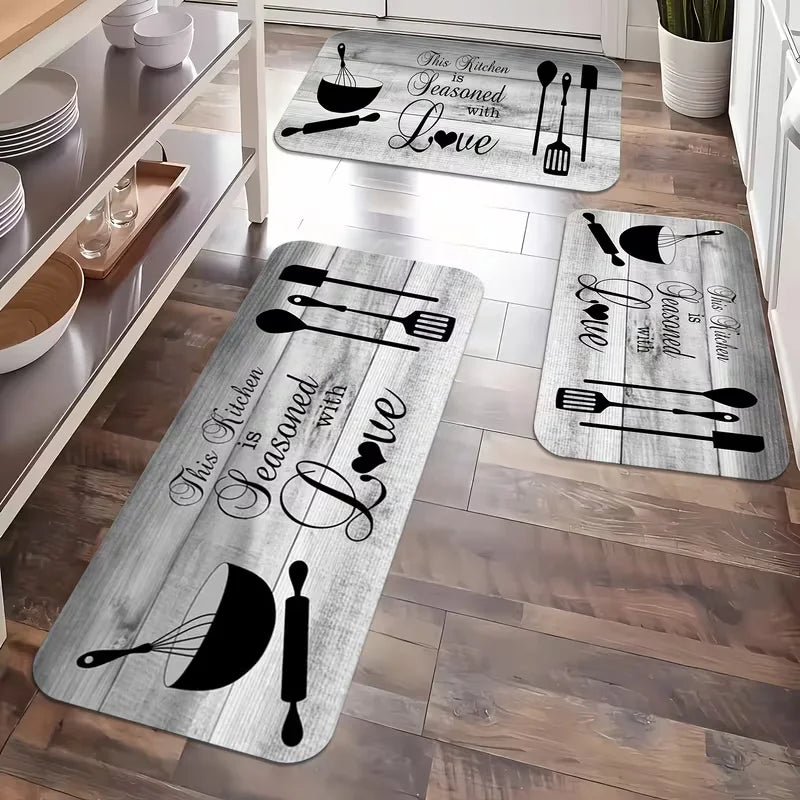 Grey Wood-Grain Kitchen & Hallway Mat – Soft Non-Slip Polyester Rug with Letter Design