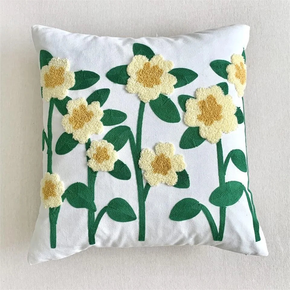 Yellow Flower Vines Embroidered Polyester/Cotton Pillow Cover – 17.72 × 17.72 in (45 × 45 cm)