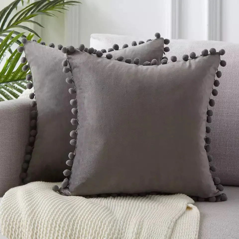 Neutral Cream and Gray Velvet Pom-Pom Throw Pillow Cover, 15.75–19.69 in, Cover Only