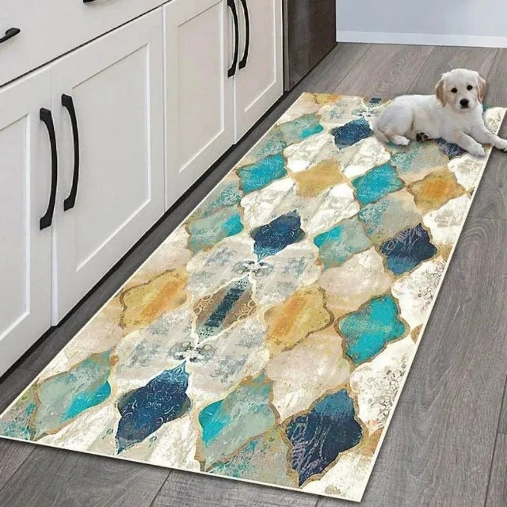 VIKAMA Waterproof Non-Slip Geometric Runner Rug – Washable Polyester Hallway Mat, FLR6511 & FLR16443