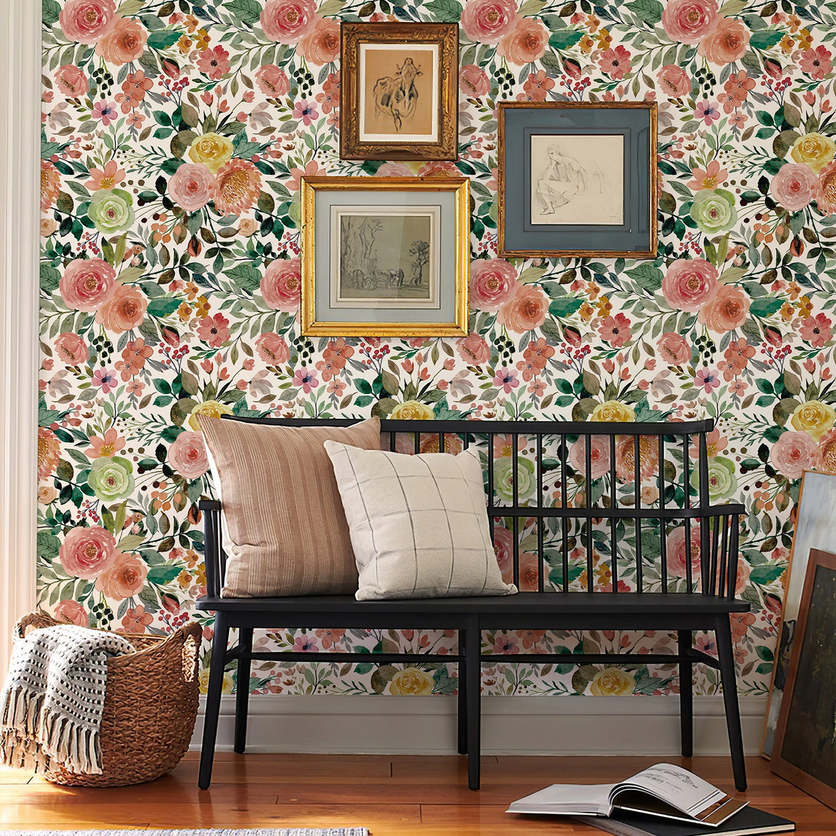 Pink Watercolor Floral & Green Leaf Waterproof, Oil-Resistant PVC Peel-and-Stick Wallpaper – Removable for Walls & Furniture
