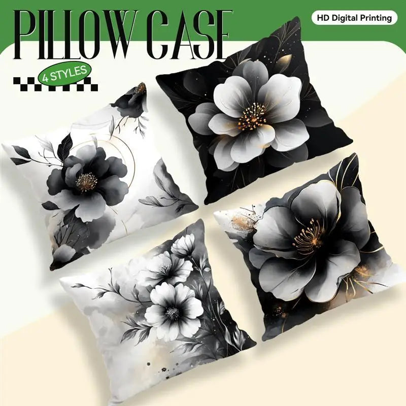 Black & White Floral Polyester Peachskin Pillow Cover – Designs 1–2, 4 Sizes