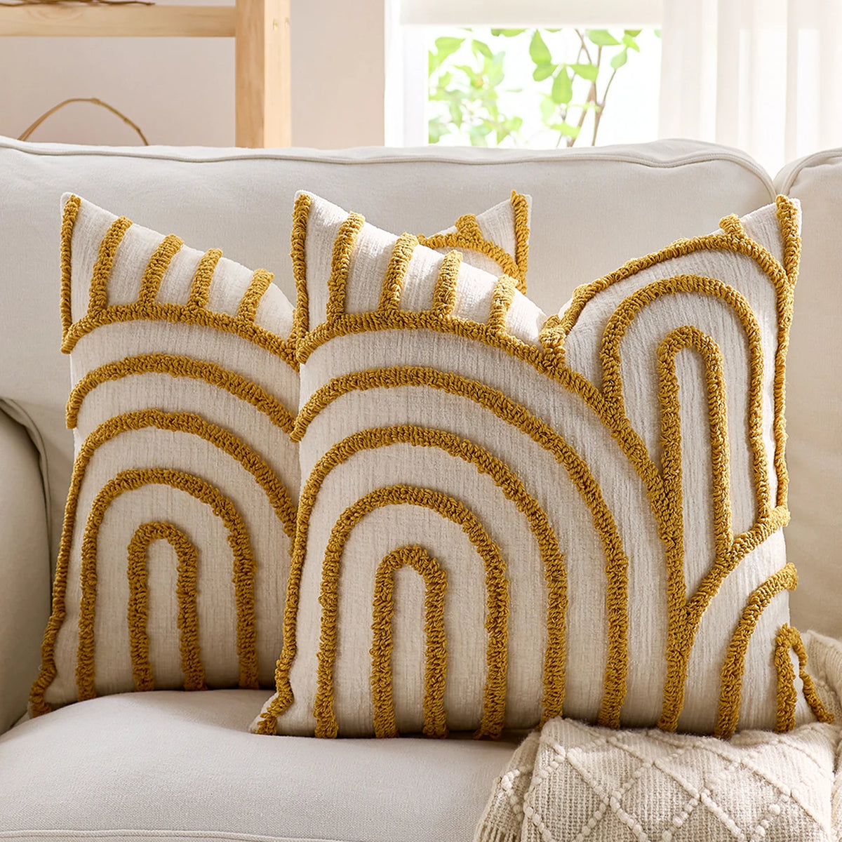 Yellow Geometric Embroidered Polyester Pillow Covers – 17.72 in (45 cm) Square, Set of 2