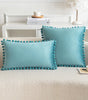 *Blue-Tone Pompom Polyester Velvet Pillow Cover – 17.72 or 19.69 in Square / 11.81 × 19.69 in Lumbar (45 × 45, 50 × 50 or 30 × 50 cm), 1 Piece