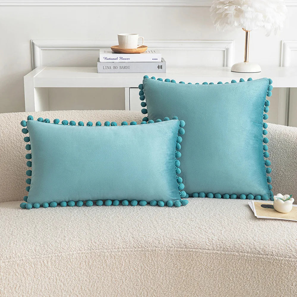 *Blue-Tone Pompom Polyester Velvet Pillow Cover – 17.72 or 19.69 in Square / 11.81 × 19.69 in Lumbar (45 × 45, 50 × 50 or 30 × 50 cm), 1 Piece
