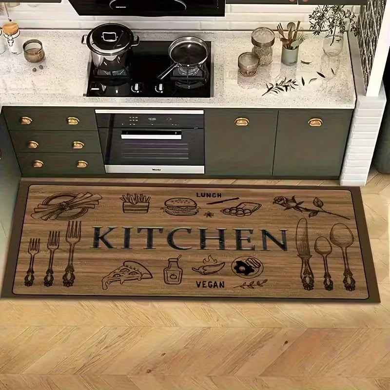 Wood-Grain Kitchenware Pattern Non-Slip Kitchen Rug & Entrance Mat – Soft Washable Polyester