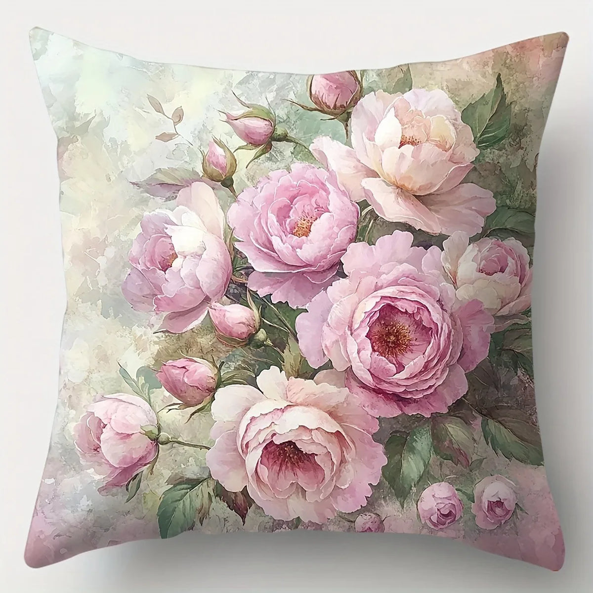 Pink Peony Floral Throw Pillow Cover – Polyester, 15.75–23.62 in Square, Cover Only