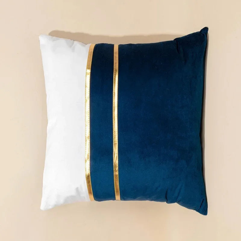 Blue and Green Color-Block Velvet Pillow Cover with Gold-Tone Stripes, Square or Lumbar