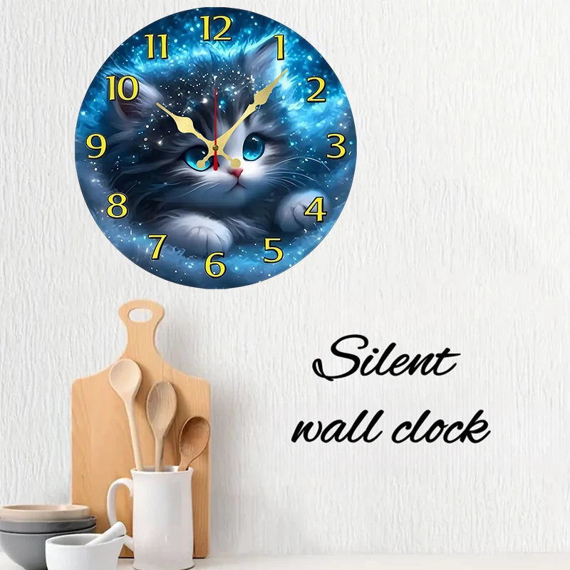 Cosmic Cat Silent Wall Clock – 10-Inch Round Wooden Home Decor