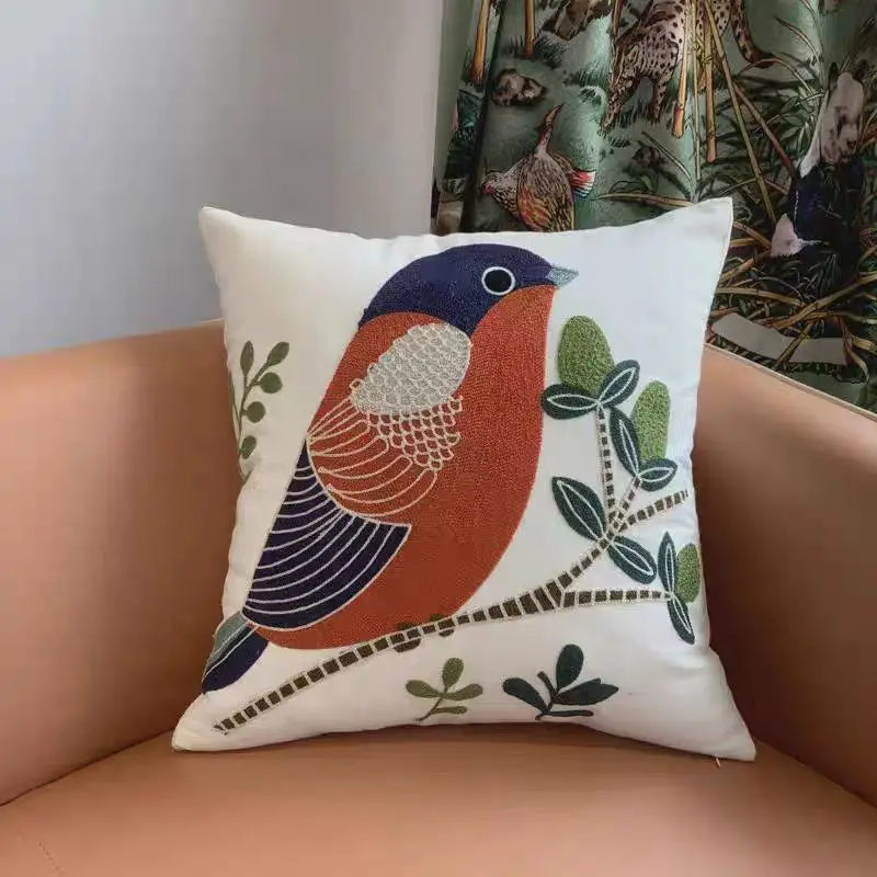 Orange & Navy Bird Embroidered Polyester/Cotton Pillow Cover – 17.72 × 17.72 in (45 × 45 cm)