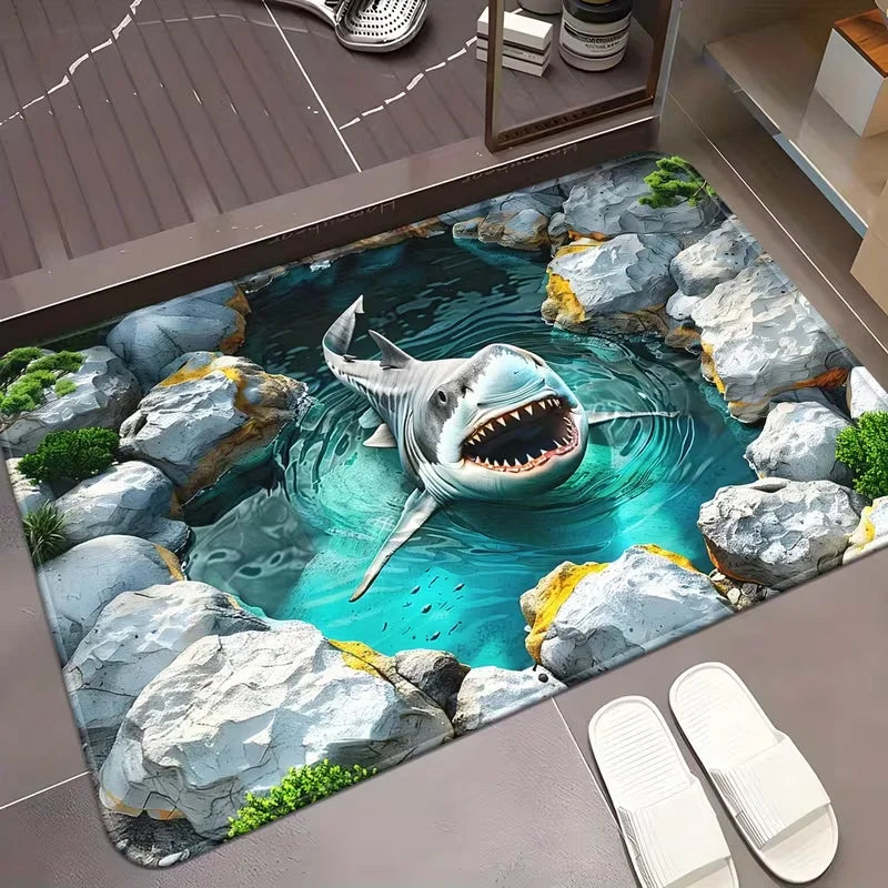 Shark & Aquatic Print Absorbent Non-Slip Flannel Door Mat – Washable Polyester Mat for Bathroom & Entrance