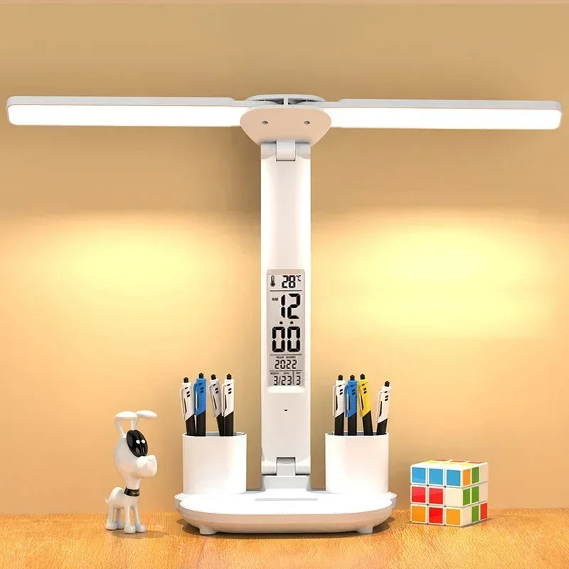 LED Desk Lamp with Clock, Calendar & Temperature Display – USB Rechargeable, Foldable & Touch Dimmable