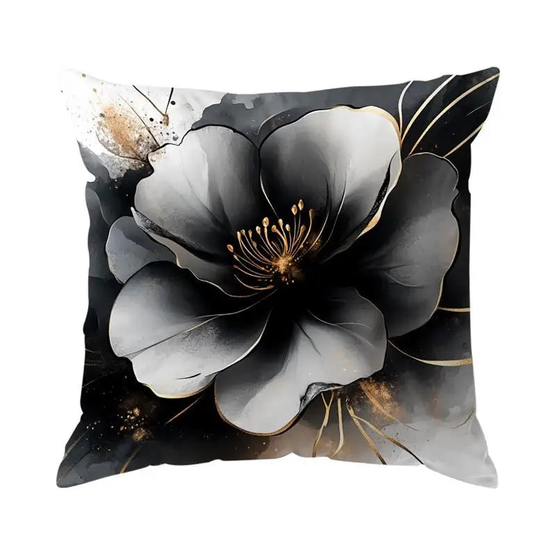 Black & White Floral Polyester Peachskin Pillow Cover – Designs 3–4, 4 Sizes