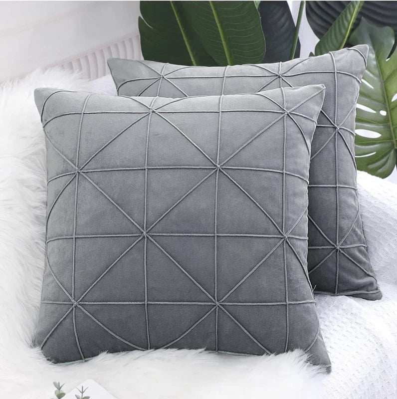 Gray Geometric Grid Velvet Pillow Cover – 17.72 in, Single or Set of 2