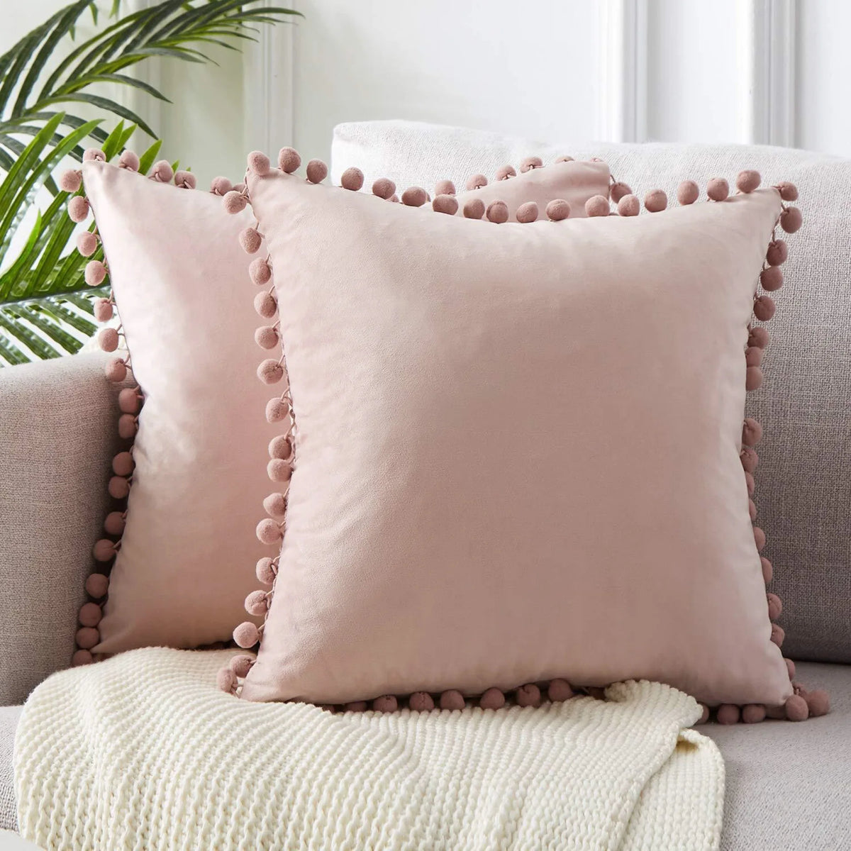 Pink, Purple or Burgundy Velvet Pom-Pom Throw Pillow Cover, 15.75–19.69 in, Cover Only