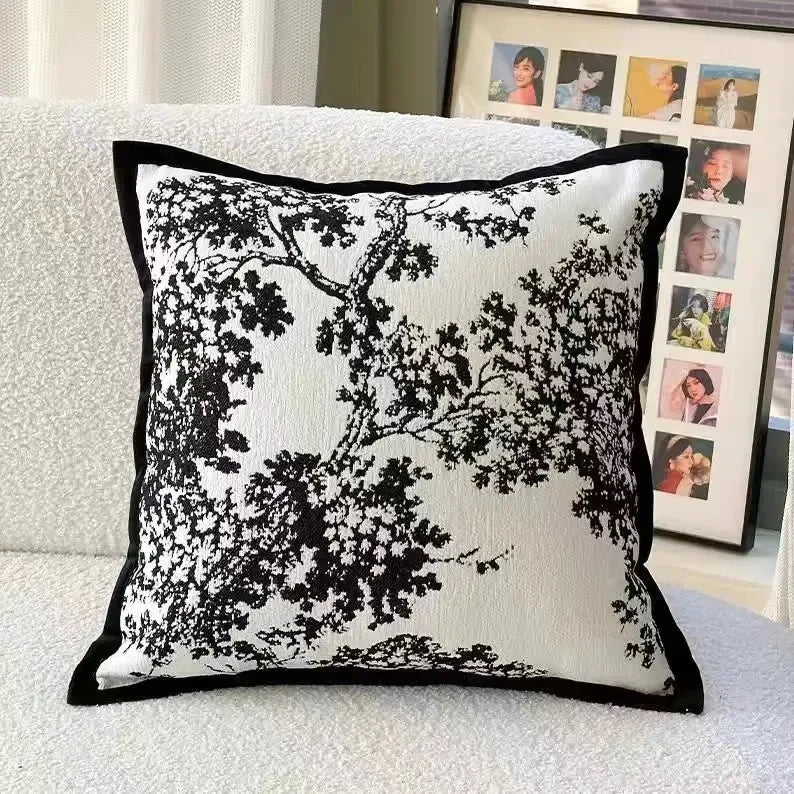 Black Botanical Silhouette Polyester/Cotton Pillow Cover – 17.72 × 17.72 in (45 × 45 cm)