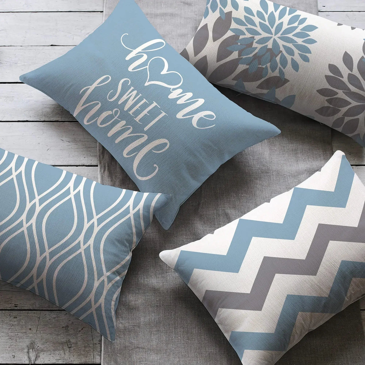 Lake Blue Geometric Linen-Blend Lumbar Pillow Cover – 4 Designs, 2 Sizes