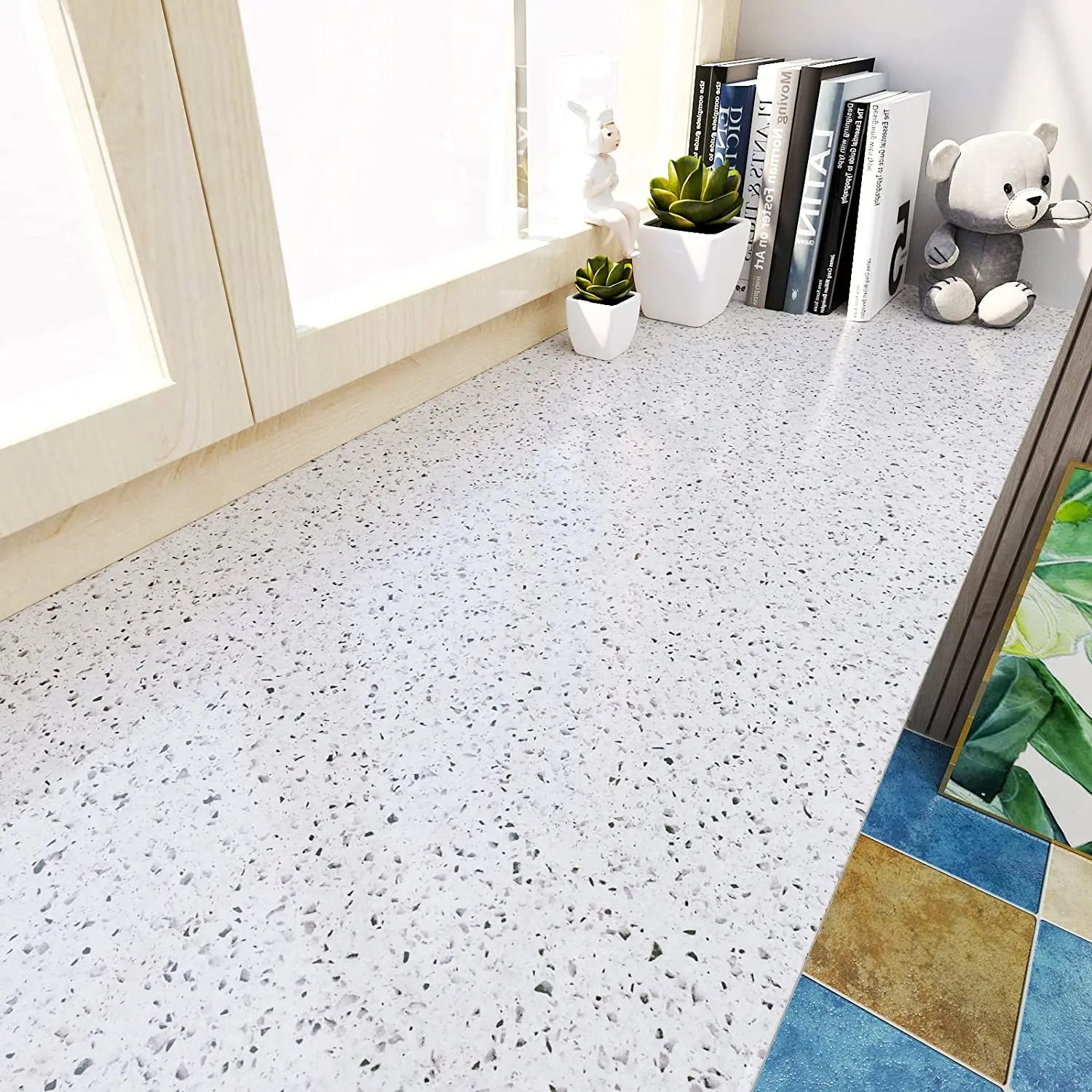 Waterproof White Terrazzo Granite Peel and Stick Wallpaper – Oil-Proof, High Temperature Resistant Self-Adhesive Vinyl Contact Paper