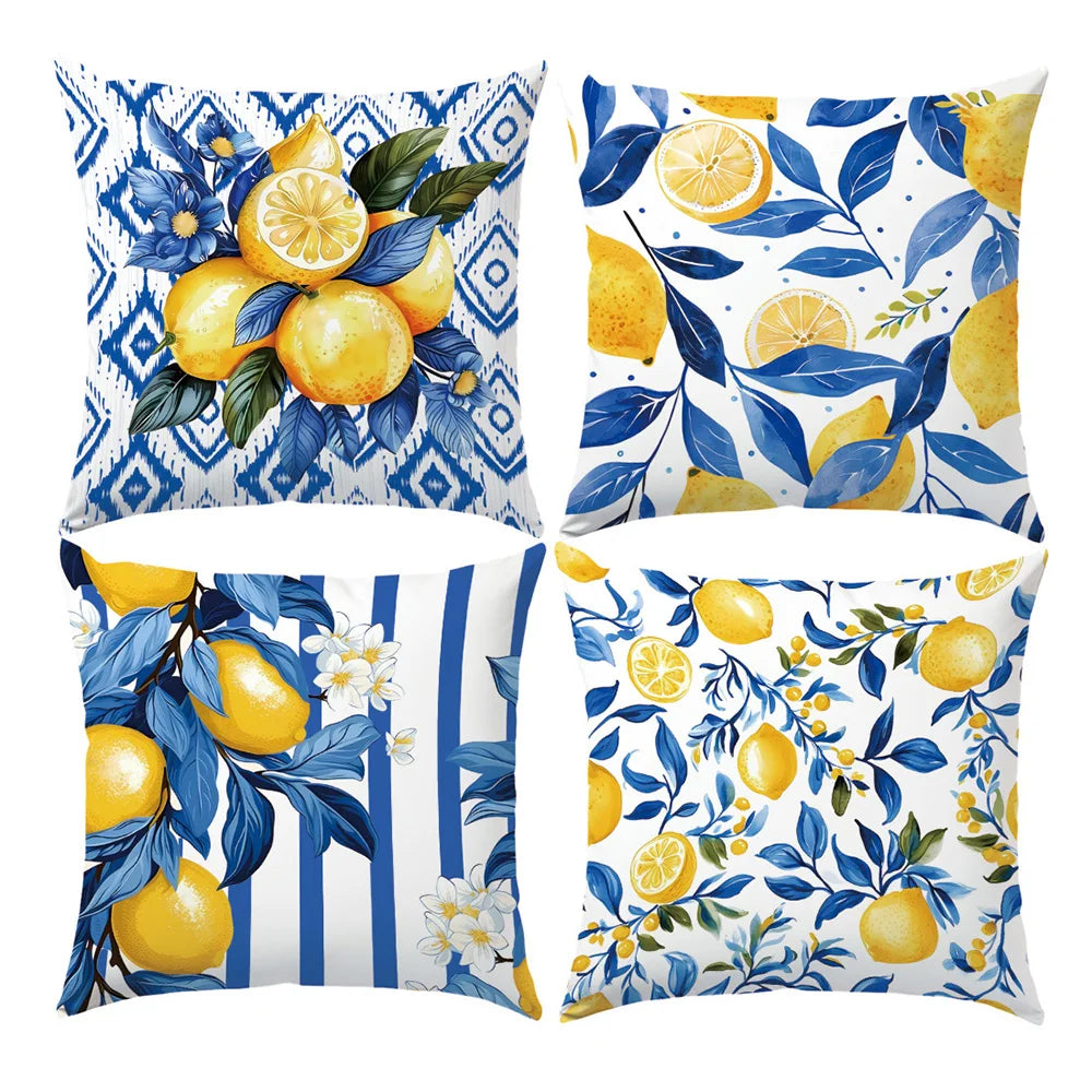 Coastal Lemon Polyester Pillow Covers, Set of 4 – 15.75, 17.72, 19.69 or 23.62 in Square (40, 45, 50 or 60 cm)