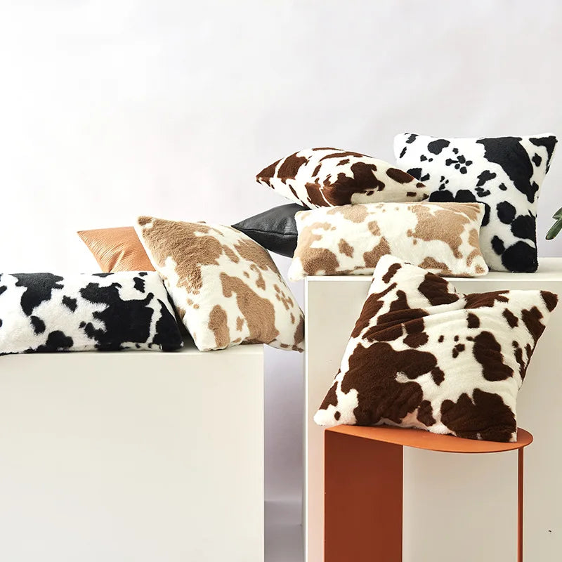 Plush Cow-Print Throw Pillow Cover, Double-Sided Polyester, Square or Lumbar, Cover Only
