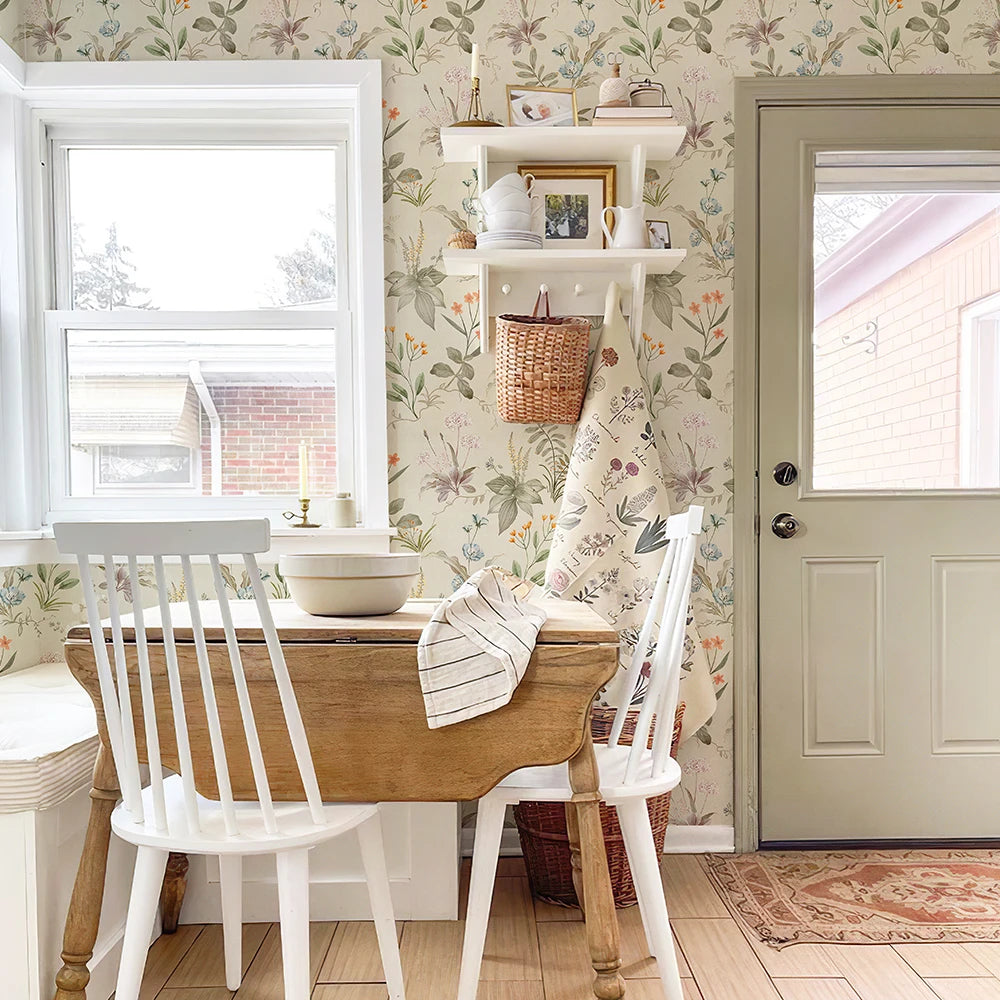 Light Yellow Floral Waterproof Vinyl Peel-and-Stick Wallpaper – Removable & Oil-Resistant