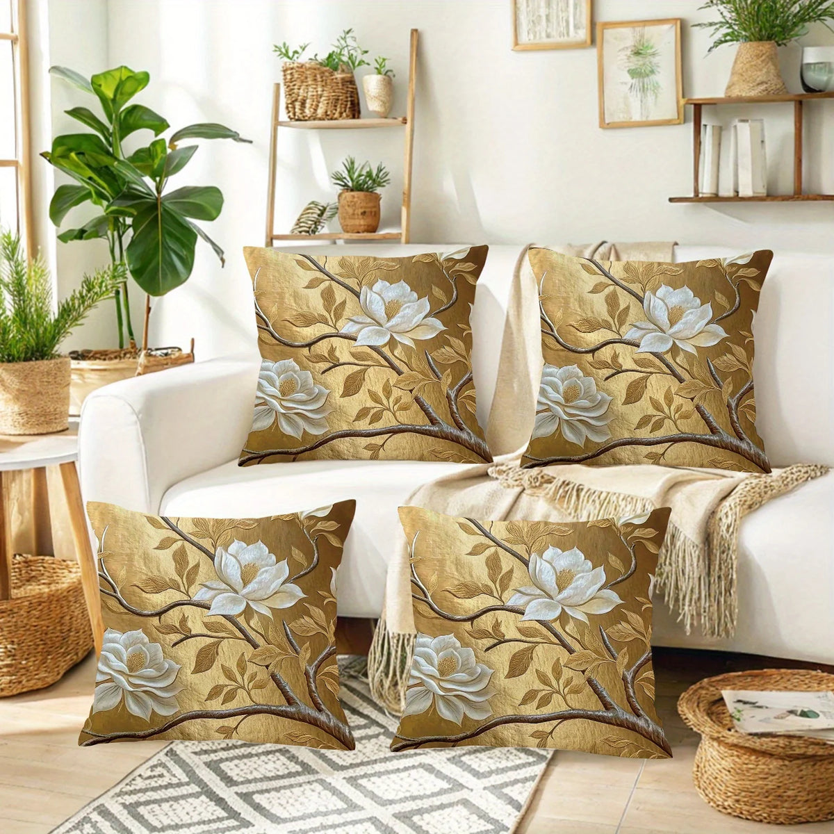 Golden Magnolia Polyester Peachskin Pillow Covers – Single-Sided Print, 15.75–23.62 in Square, Set of 4
