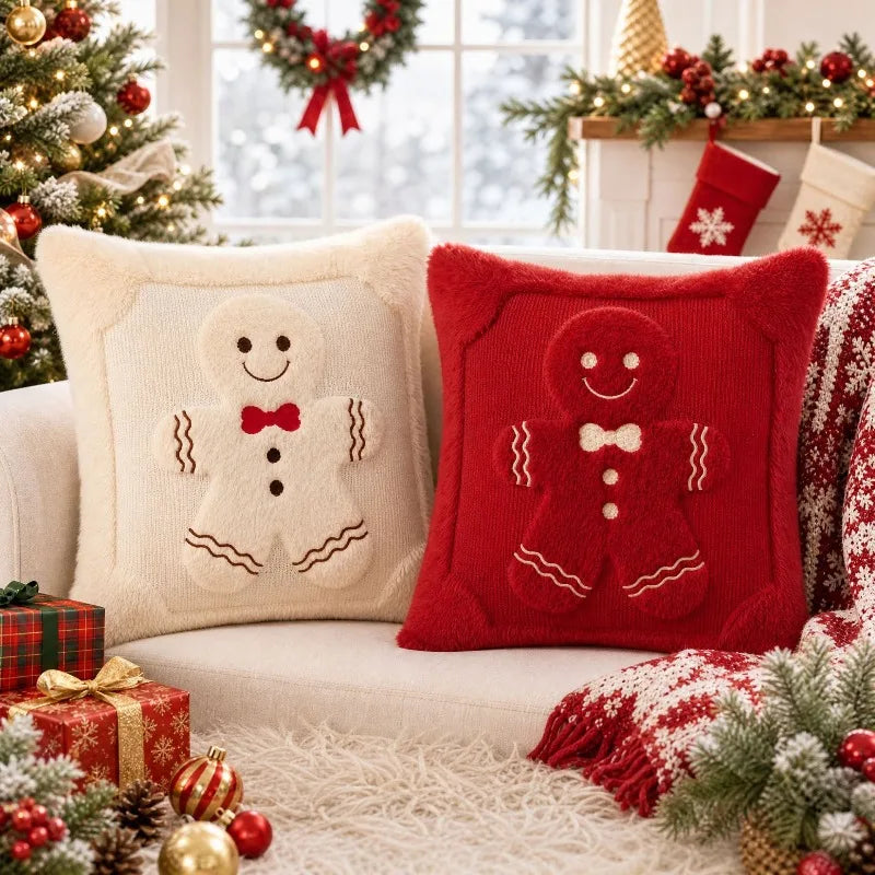 Gingerbread Christmas Pillow Covers – Plush Embroidered Set of 2, Four Designs