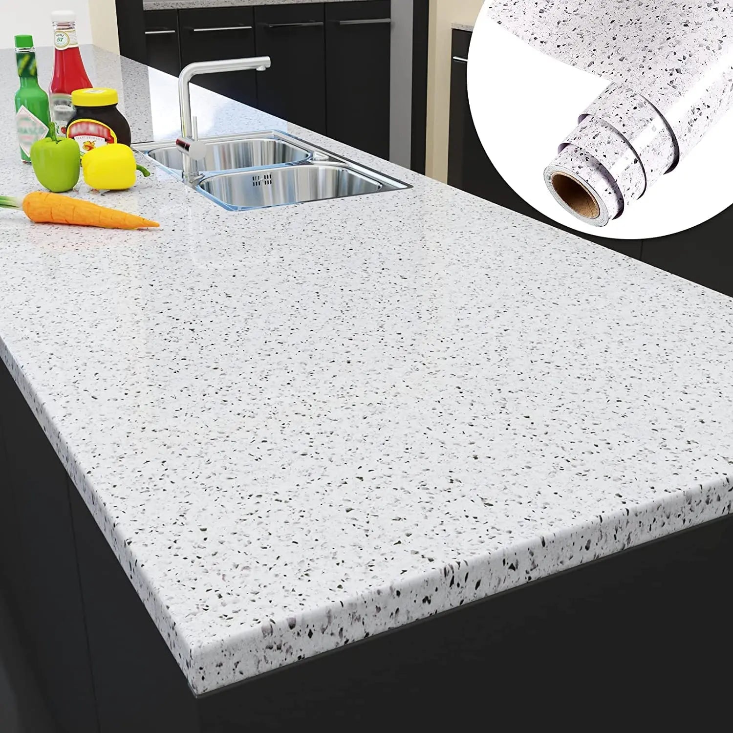Waterproof White Terrazzo Granite Peel and Stick Wallpaper – Oil-Proof, High Temperature Resistant Self-Adhesive Vinyl Contact Paper