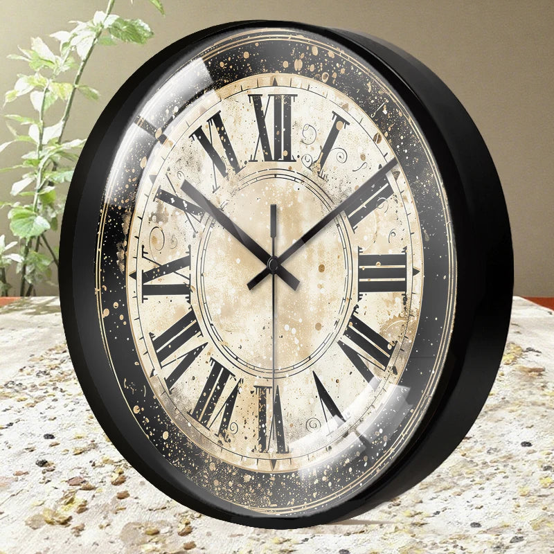 Vintage Roman Numeral Wall Clock – 8 in, Silent, Tempered Glass Face