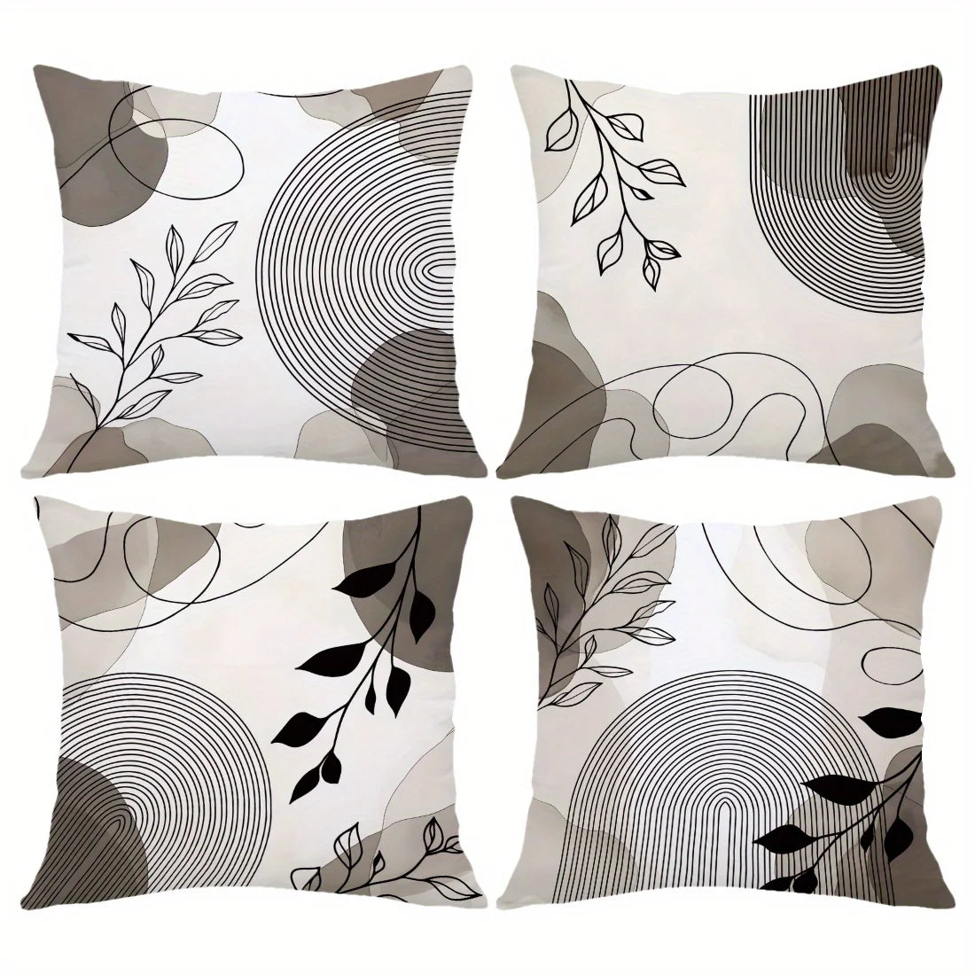 Black Leaf & Circle Polyester Twill Pillow Cover – Designs 1–2, 4 Sizes