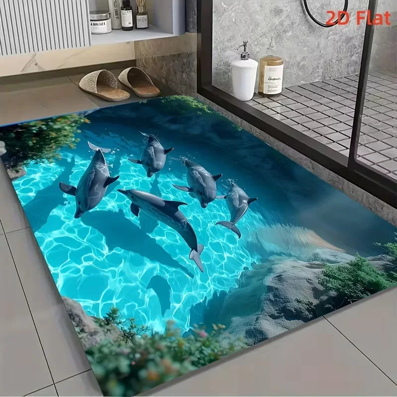 Shark & Aquatic Print Absorbent Non-Slip Flannel Door Mat – Washable Polyester Mat for Bathroom & Entrance