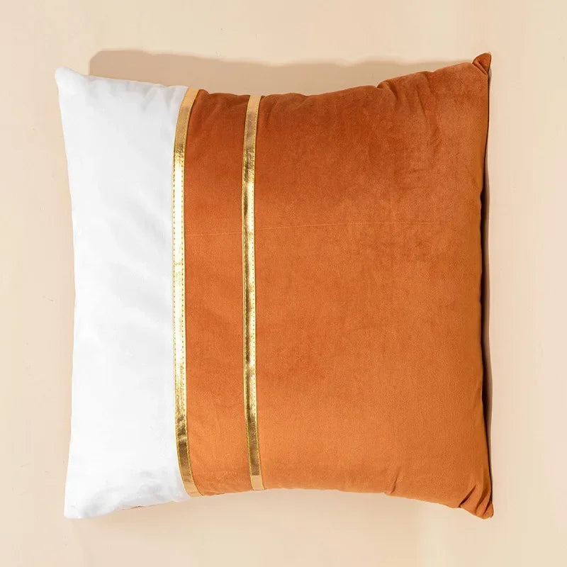 Warm Color-Block Velvet Throw Pillow Cover with Gold-Tone Stripes, Square or Lumbar