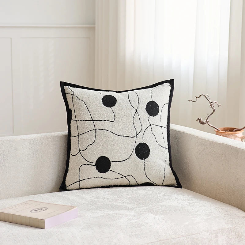 Black Orbital-Dot Polyester/Cotton Pillow Cover – 17.72 × 17.72 in (45 × 45 cm)