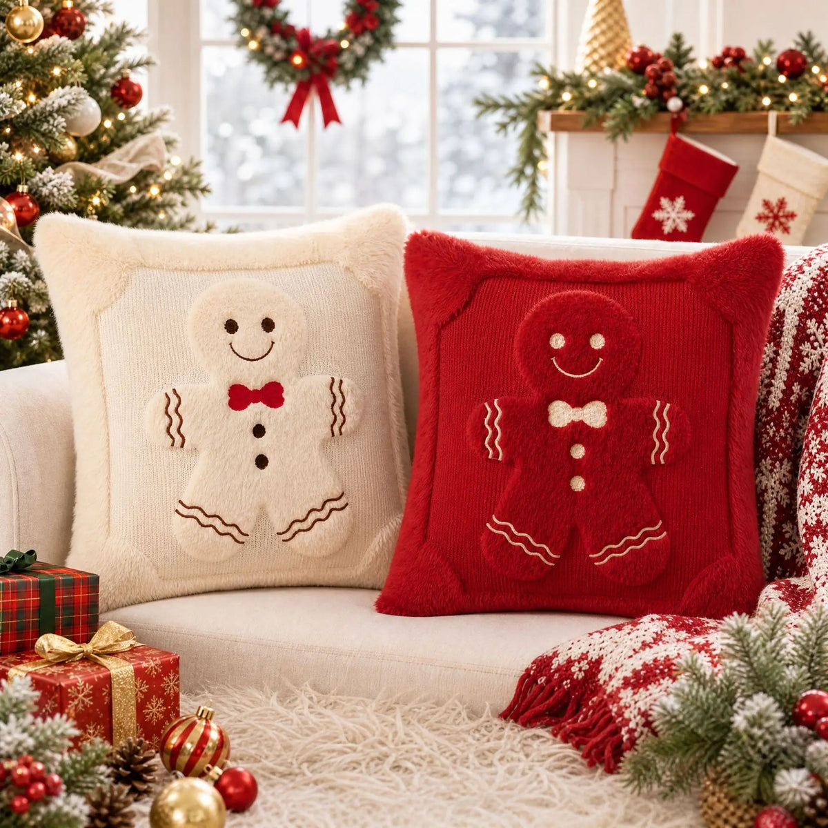 Gingerbread Christmas Pillow Covers – Plush Embroidered Set of 2, Four Designs
