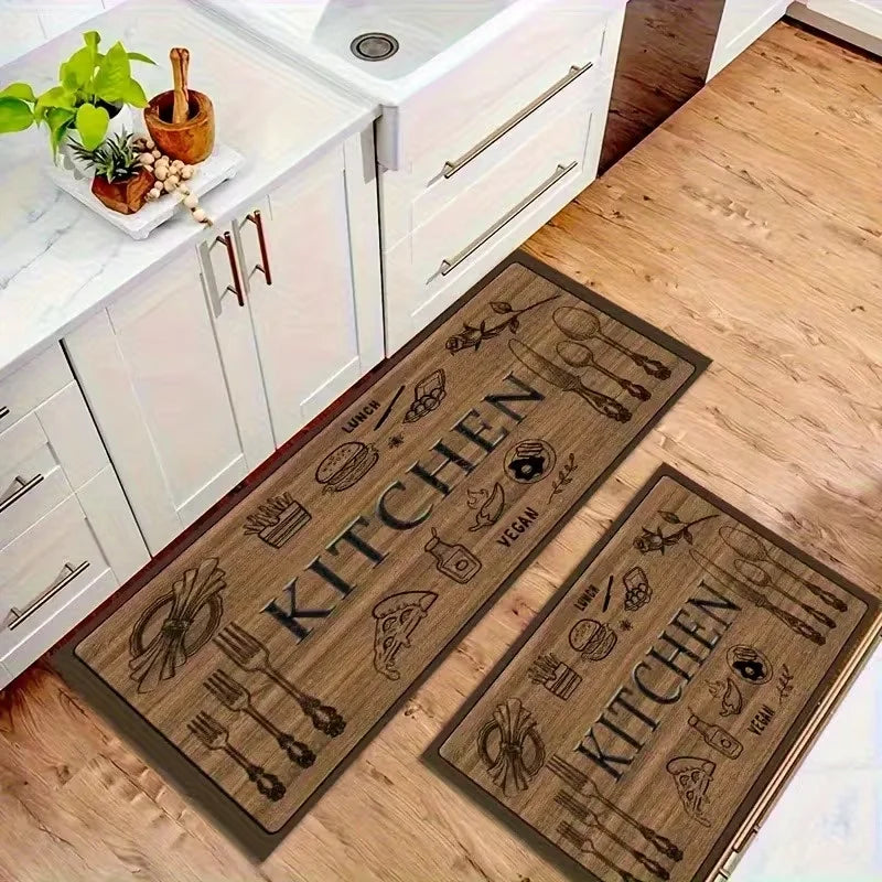 Wood-Grain Kitchenware Pattern Non-Slip Kitchen Rug & Entrance Mat – Soft Washable Polyester