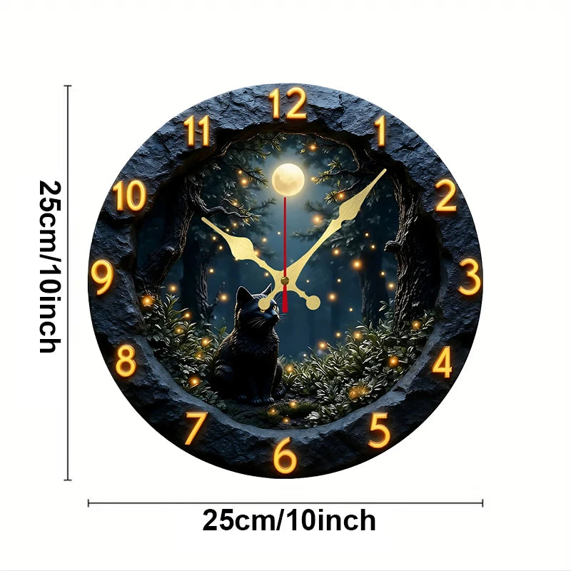Moonlit Black Cat Silent Wall Clock – 10-Inch Round Wooden Home Decor