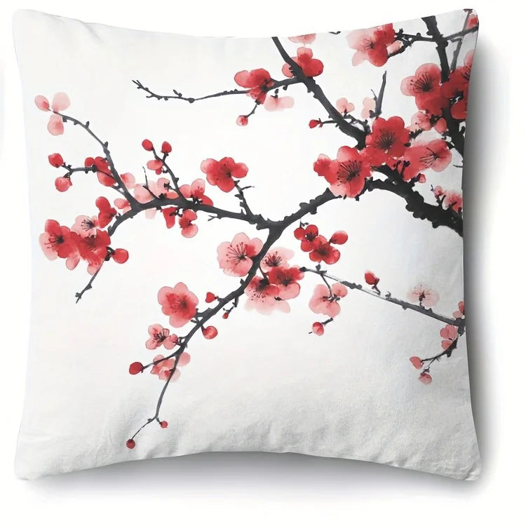 Red Plum Blossom Branch Polyester Pillow Cover – 15.75–23.62 in Square, Cover Only